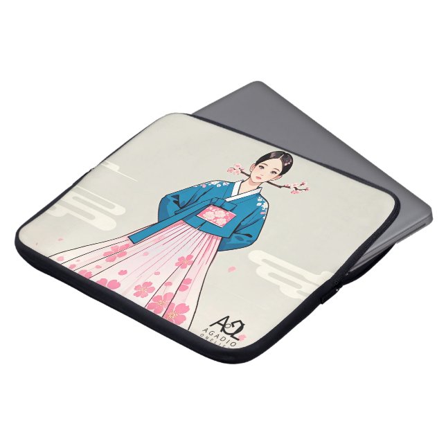 Capa Para Notebook Hanbok, mulher com Blue Top e Cherry Blossom Moti (Frente Topo)