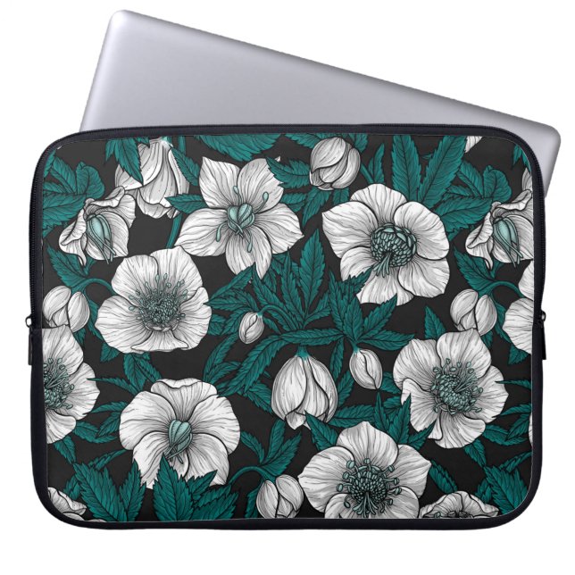 Capa Para Notebook Hellebores brancos com folhas azuis (Frente)