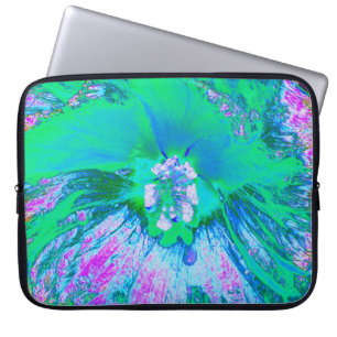 Capa Para Notebook Hibiscus Retro Verde e Rosa Quente Psicodélico