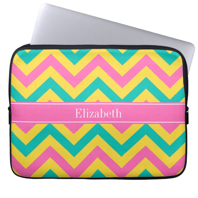Capa Para Notebook HotPink2 Teal Pineapple LG Chevron Nome Monograma (Frente)
