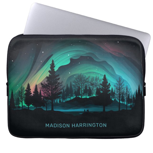 Capa Para Notebook Ilustração Aurora Borealis de Nome Personalizado (Frente)