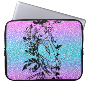 Capa Para Notebook Ilustração Colorida de Garota Floral Colorida