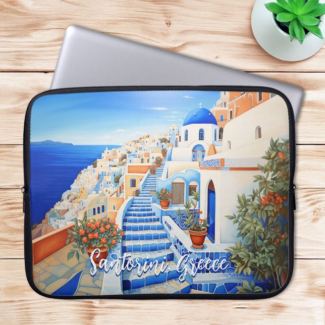 Capa Para Notebook Ilustração da Ilha Santorini | Viagem Art (Santorini Island Illustration | Travel Art Laptop Sleeve)