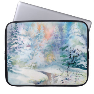 Capa Para Notebook Ilustração da paisagem invernal em aquarela