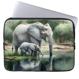 Capa Para Notebook Ilustração de Aquarela de Mamãe e Elefante Bebê