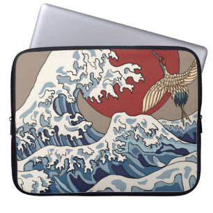 Capa Para Notebook Ilustração de grua e onda japonesa tradicional C