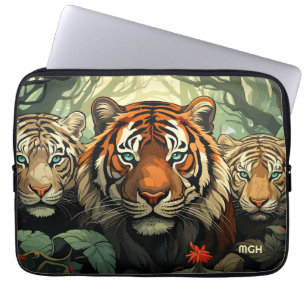 Capa Para Notebook Ilustração de Tigres de Monograma Personalizados