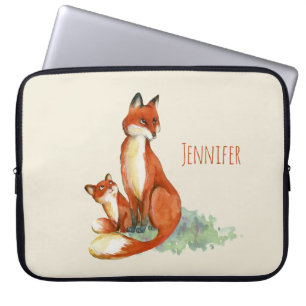 Capa Para Notebook Ilustração em Aquarela da Mamãe Raposa e do Bebê