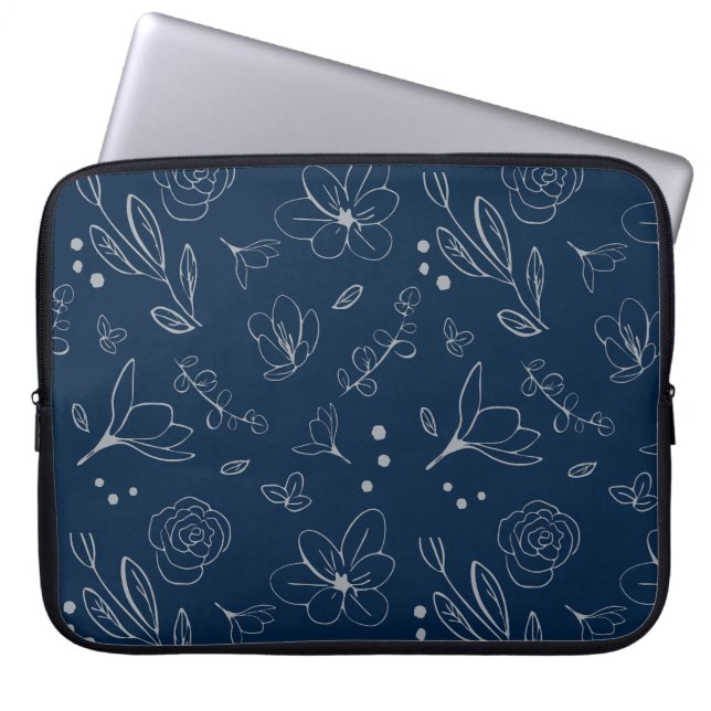 Capa Para Notebook Ilustração Floral Azul do Marinho Moderno (Frente)