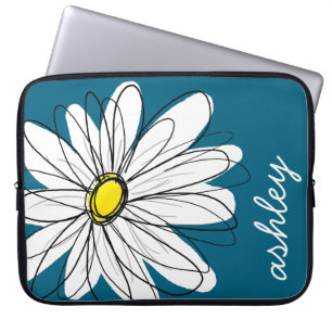 Capa Para Notebook Ilustração floral da margarida na moda - azul e