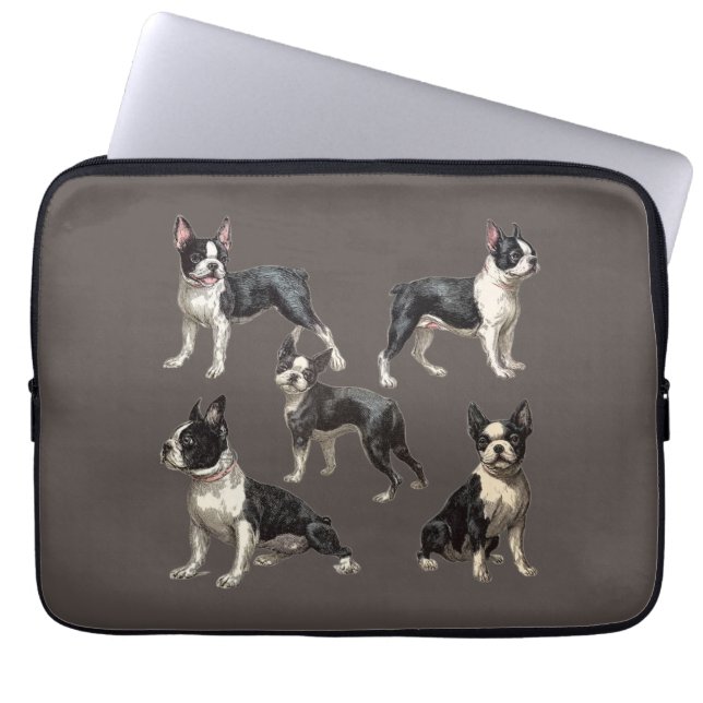 Capa Para Notebook Ilustrações Antigas de Boston Terriers em Taupe (Frente)