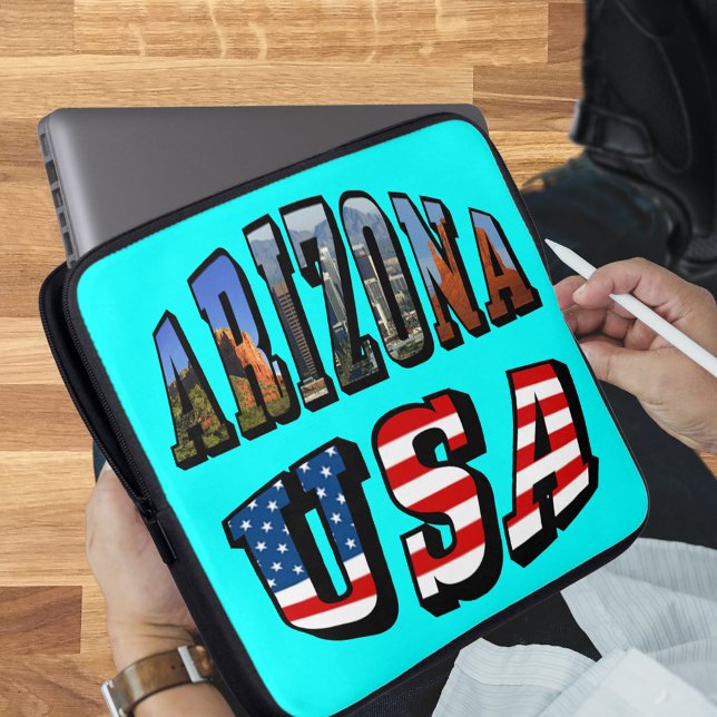 Capa Para Notebook Imagem de arizona e Texto de Sinalizador EUA (Arizona Picture and USA Flag Text Laptop Sleeve)
