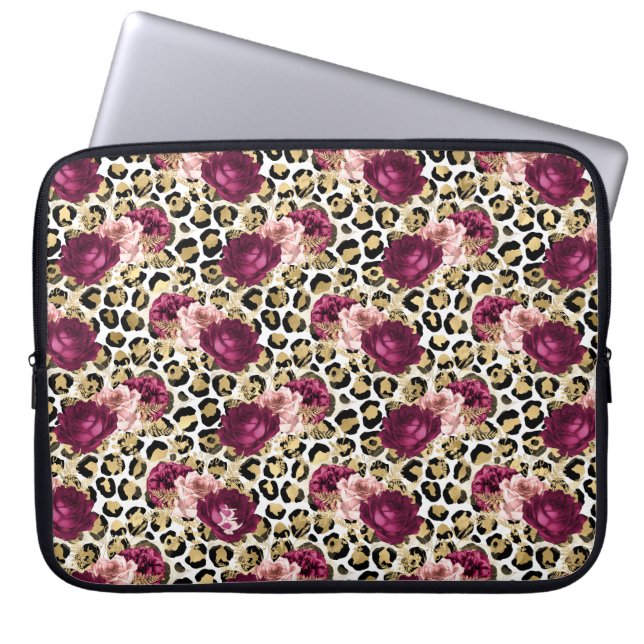 Capa Para Notebook Impressão de Leopardo Flor Rosa Rosa Dourada para  (Frente)