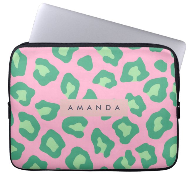 Capa Para Notebook Impressão de leopardo rosa e verde personalizada (Frente)