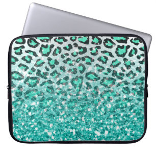 Capa Para Notebook impressão de um animal-leopardo verde-aqua no ver