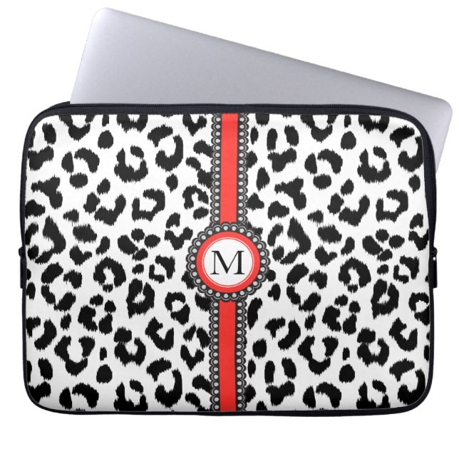 Capa Para Notebook impressão preto e branco do leopardo com monograma (Frente)