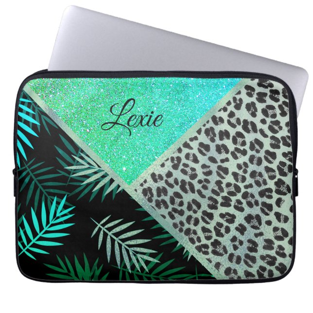 Capa Para Notebook Impressão Tropical Leopardo de Teal com Glittery (Frente)