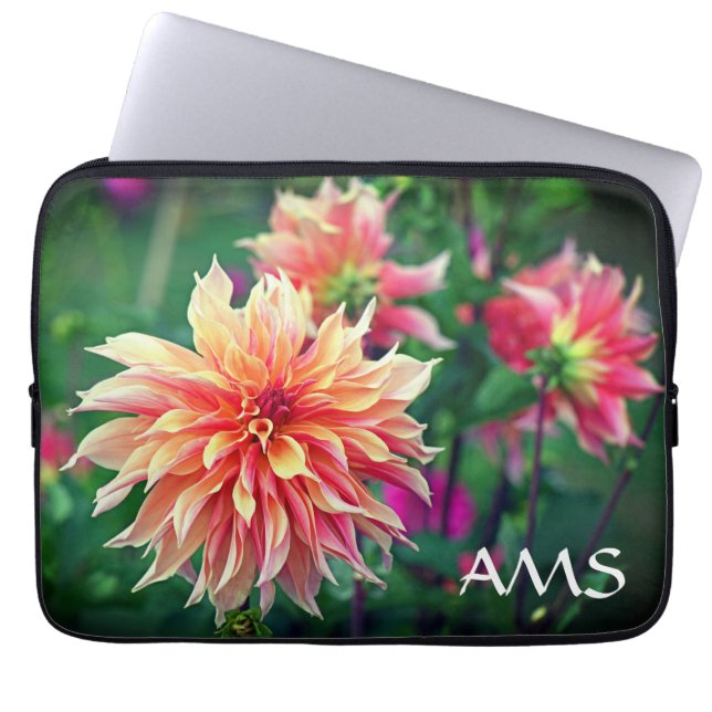 Capa Para Notebook Iniciais de Flor Laranja e Rosa Dahlia (Frente)