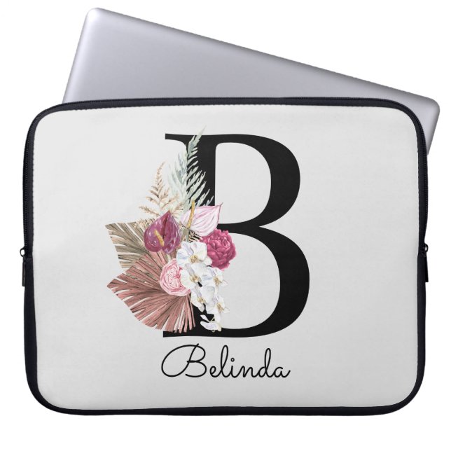 Capa Para Notebook Inicial B Moderno Rosa Boho Floral Feminino (Frente)
