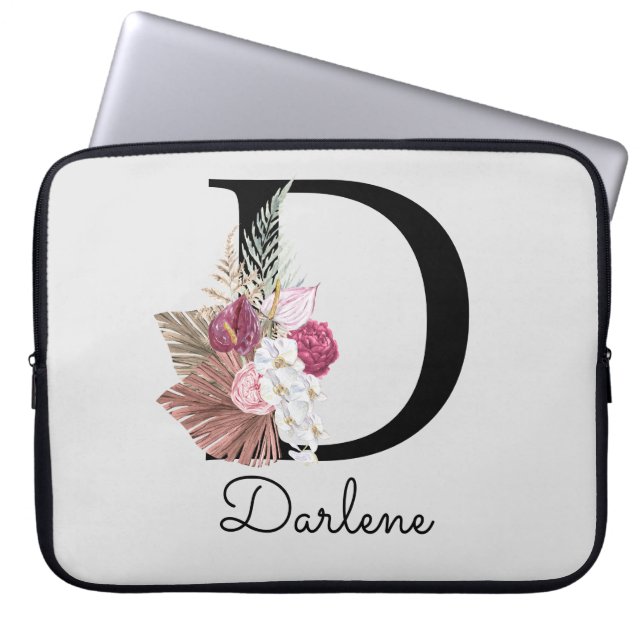 Capa Para Notebook Inicial Monogramada D Moderno Rosa Floral Boho (Frente)