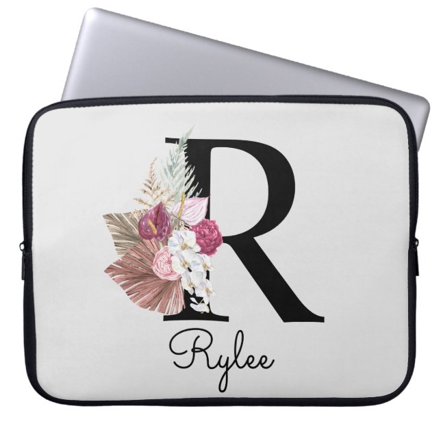 Capa Para Notebook Inicial Monogramada R Rosa Boho Floral Feminino (Frente)