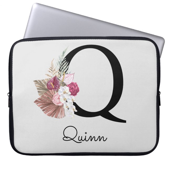Capa Para Notebook Inicial Q Monogramada Rosa Boho Floral (Frente)