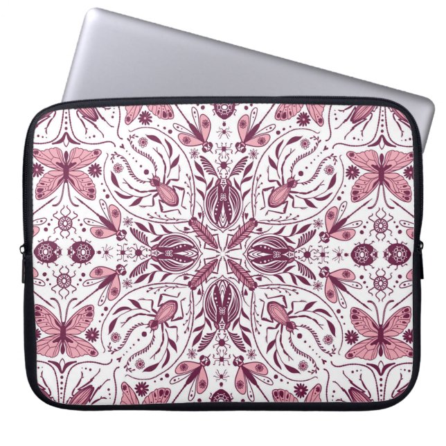 Capa Para Notebook Insetos, magenta escura e rosa em branco (Frente)