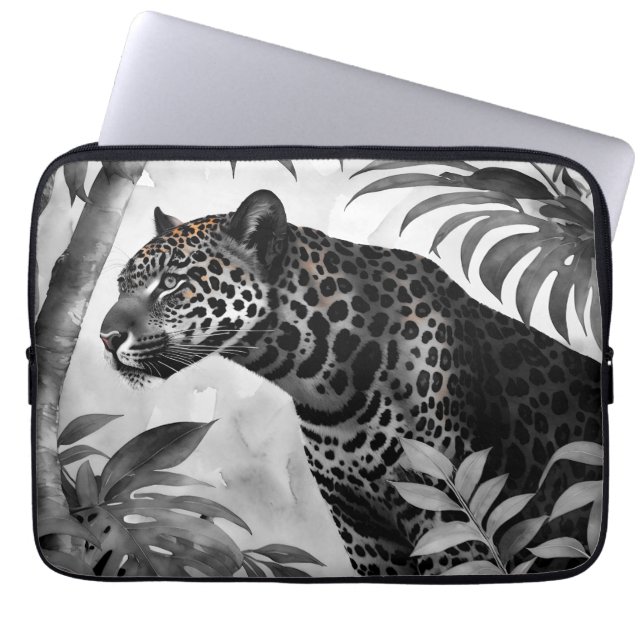 Capa Para Notebook Jaguar Botânico Preto e Branco (Frente)
