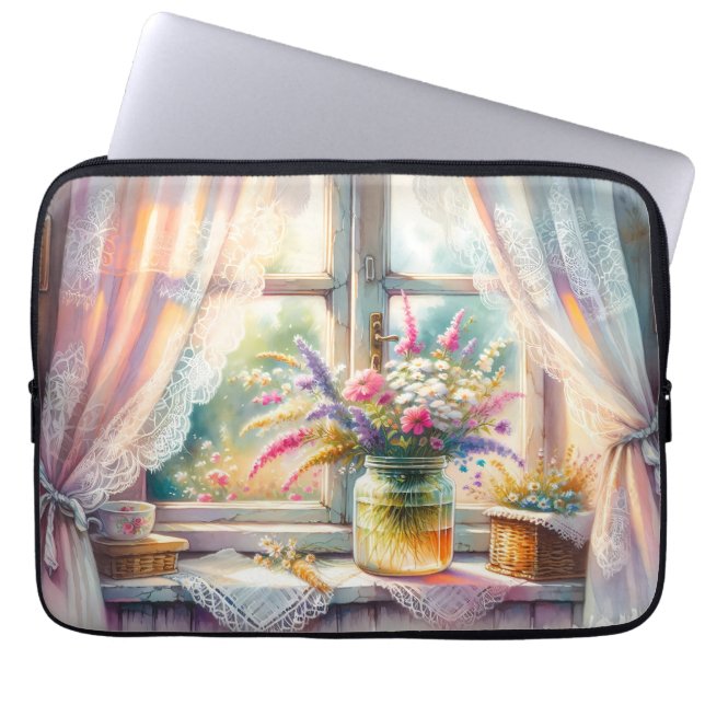 Capa Para Notebook Janela de Casa de Campo Ensolarada com Flores Silv (Frente)
