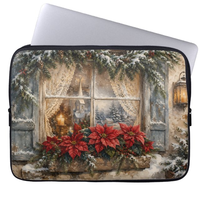 Capa Para Notebook Janela de Natal com Poinsettia Nevada (Frente)