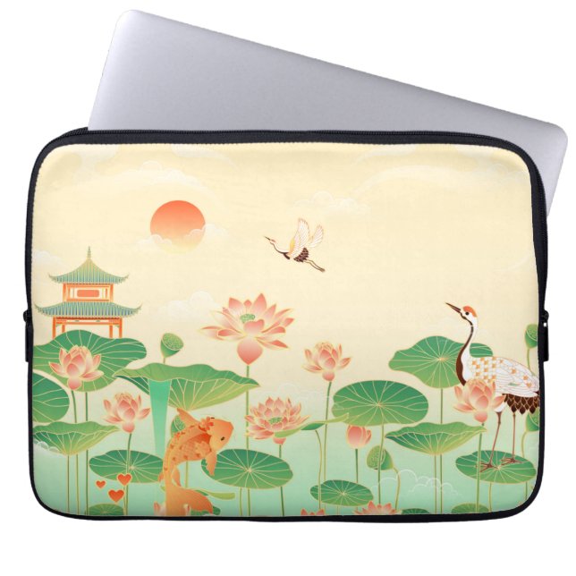 Capa Para Notebook Japanese Garden Koi Pond and Waterlilies Art (Frente)