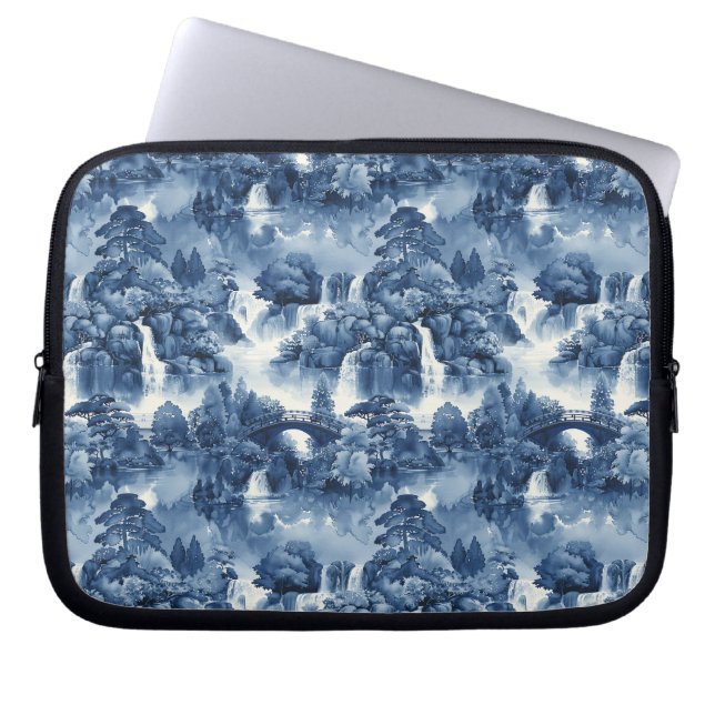 Capa Para Notebook Jardim d'água japonês em porcelana branca azul (Frente)