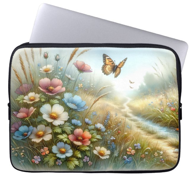 Capa Para Notebook Jardim de Borboletas do Prado de Flores Silvestres (Frente)