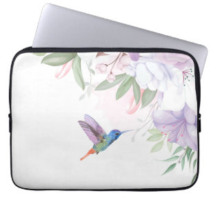 Capa Para Notebook Jardim de Flores em Aquarela Beija-flor Pássaro
