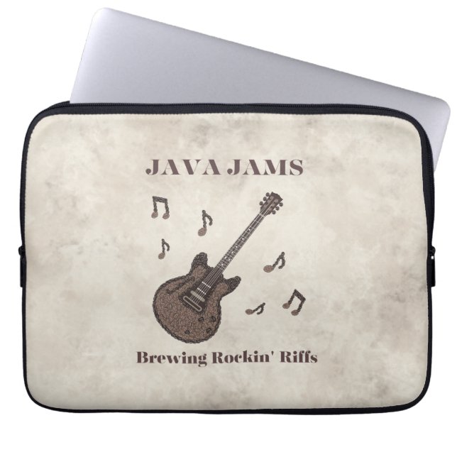 Capa Para Notebook Java Jams-Brewing Rockin' Riffs-Café-Guitarra- (Frente)