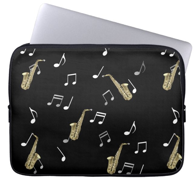Capa Para Notebook Jazzy Saxofone e Notas Musicais (Frente)