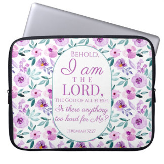 Capa Para Notebook Jeremiah 32:27 com fundo de flores roxas