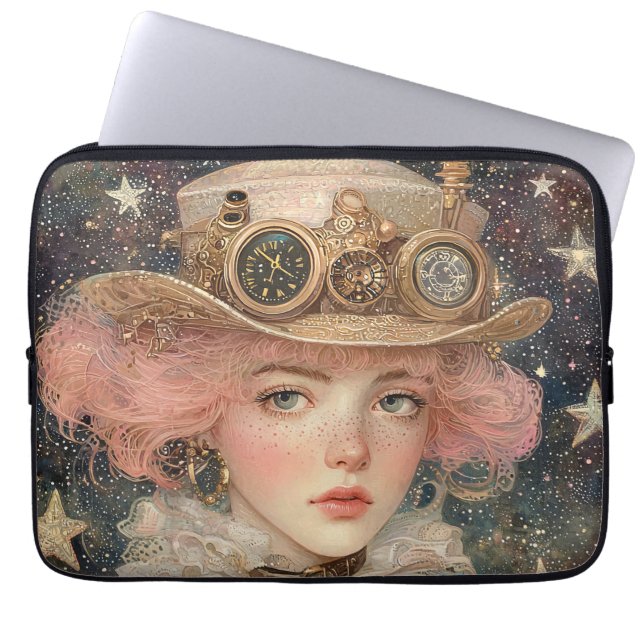 Capa Para Notebook Jovem Adulta Steampunk De Cabelo Rosa (Frente)