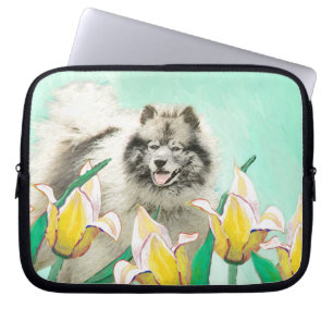 Capa Para Notebook Keeshond em Tulips pintando lindas artes caninas o