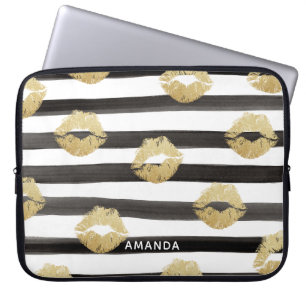 Capa Para Notebook Lábios Luminosos Dourados para Música e Monograma