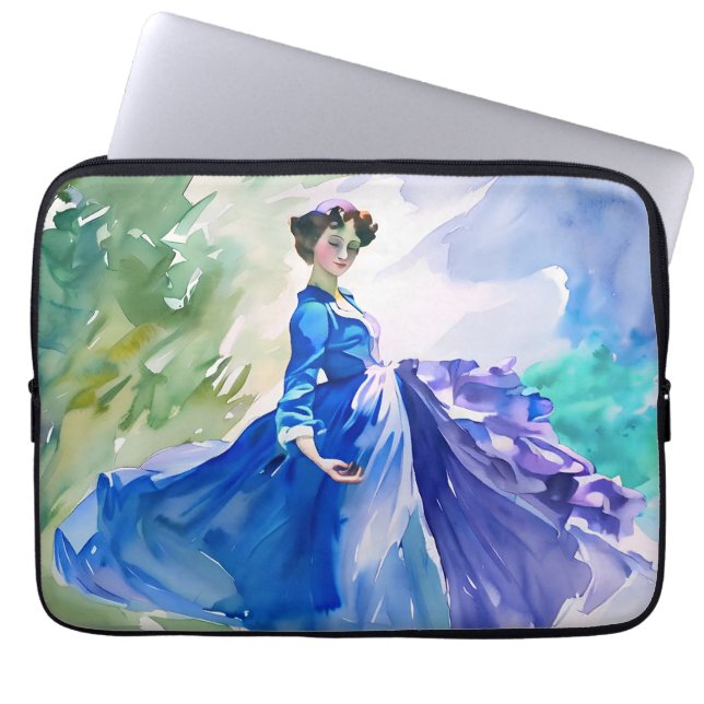 Capa Para Notebook Lady in Blue Vress - Pintura por Aquarela (Frente)