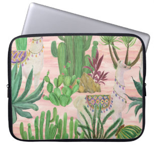 Capa Para Notebook Lamas de aquarelas e cactos.