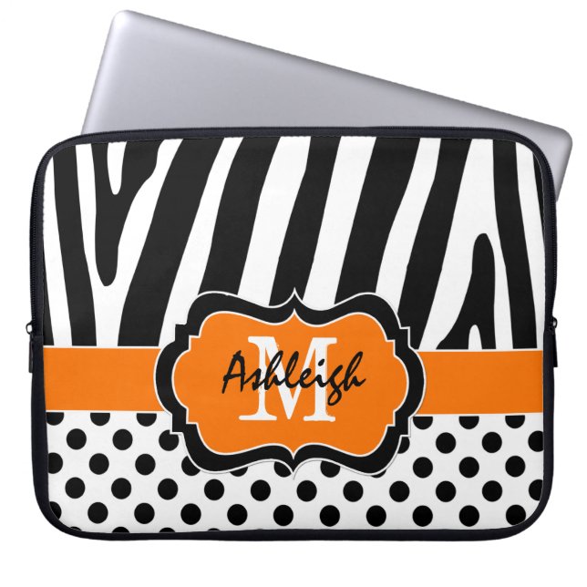 Capa Para Notebook Laranja Black Zebra Stripe Bolinhas Laptop (Frente)