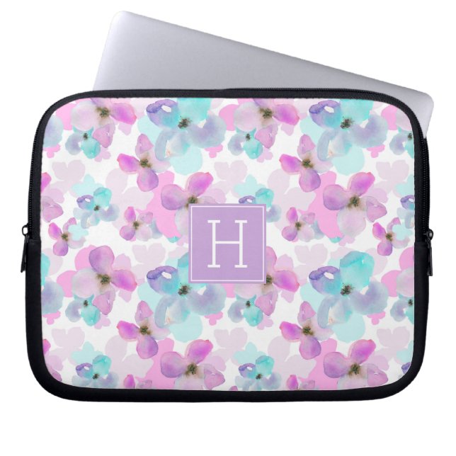 Capa Para Notebook Lavanda Flores de Aquarela Monograma (Frente)
