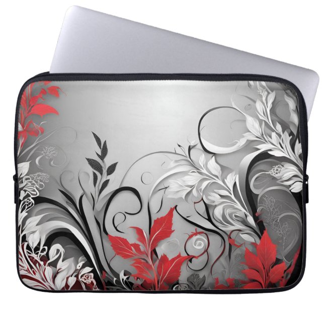 Capa Para Notebook Leaves and Swirls Red Black White Electronics Bag (Frente)
