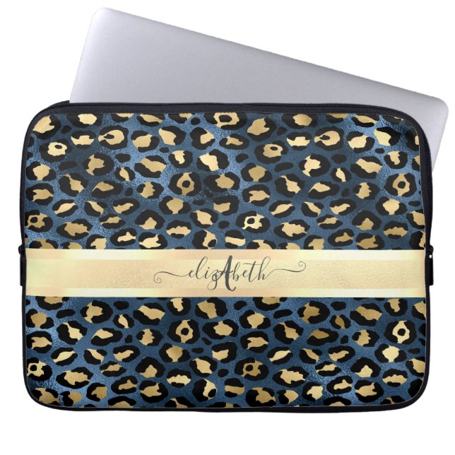Capa Para Notebook Leopard Padrão Monograma Dourado Azul (Frente)