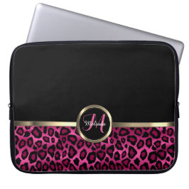 Capa Para Notebook Leopardo preto e rosa monograma com acentos Dourad