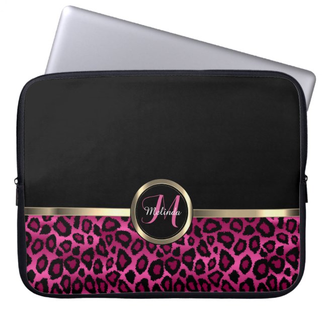 Capa Para Notebook Leopardo preto e rosa monograma com acentos Dourad (Frente)