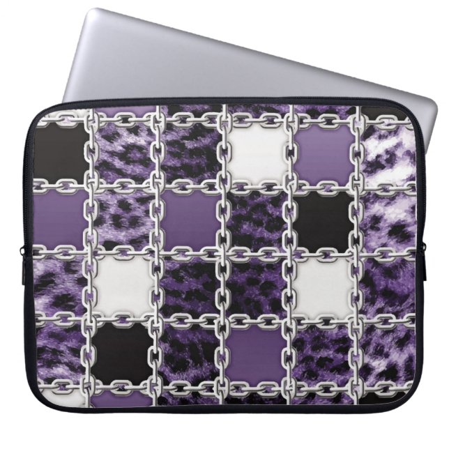 Capa Para Notebook Leopardo ultravioleta sem costura e corrente prate (Frente)