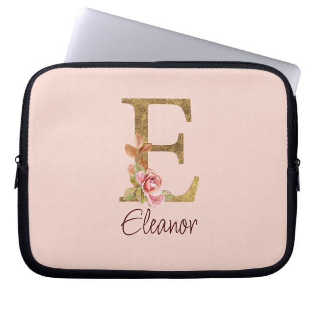 Capa Para Notebook Letra E Nome Personalizado Folha Dourada Rosa Bege (Frente)